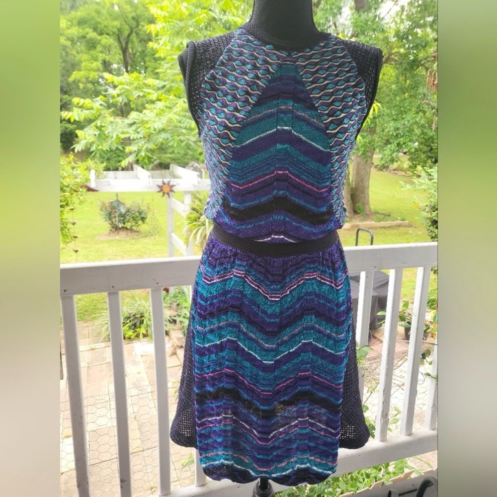 Missoni Sleeveless Asymmetrical Chevron Knit Dress in Teal, Purple & Navy